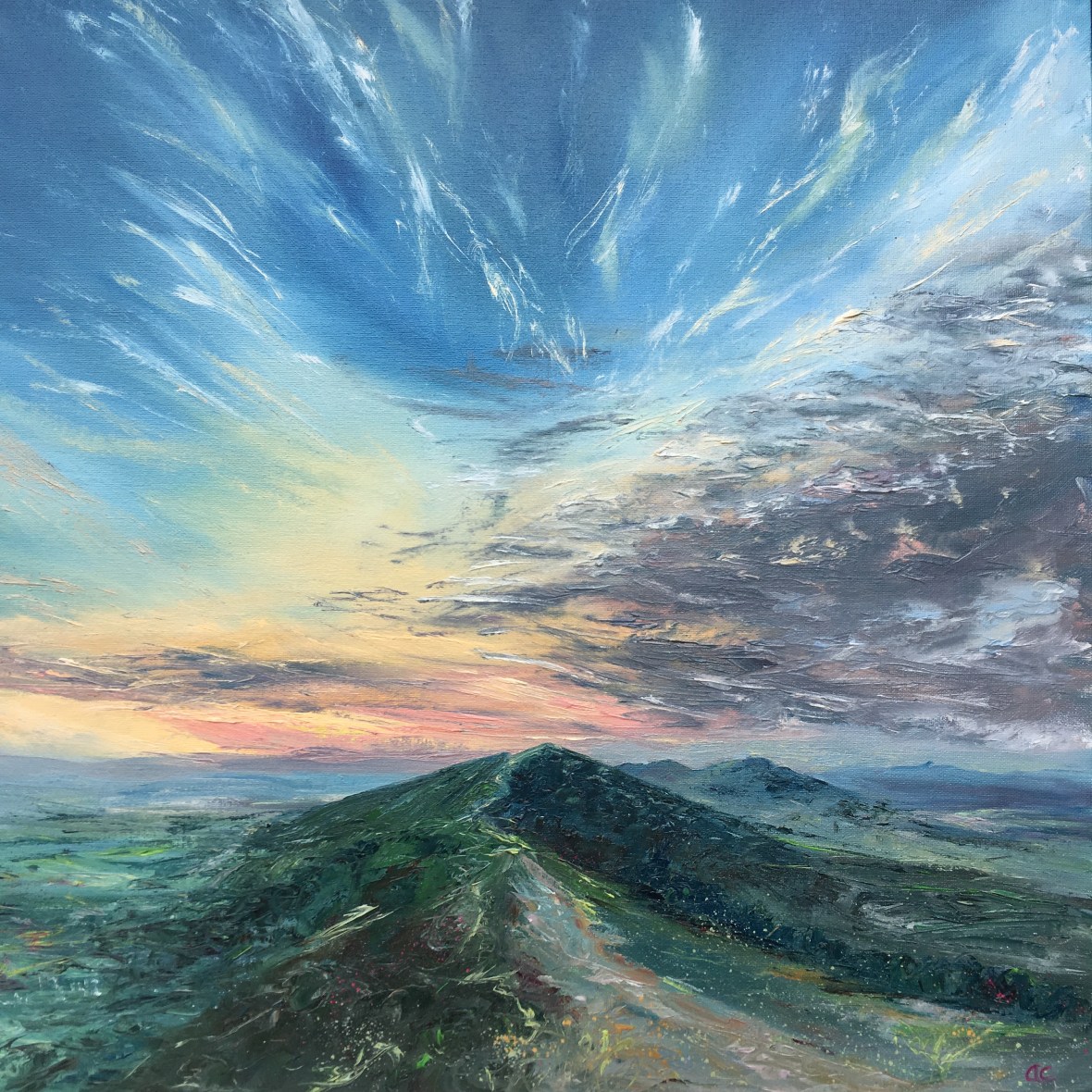 Firework sunset Malverns oil painting by Anna Cumming