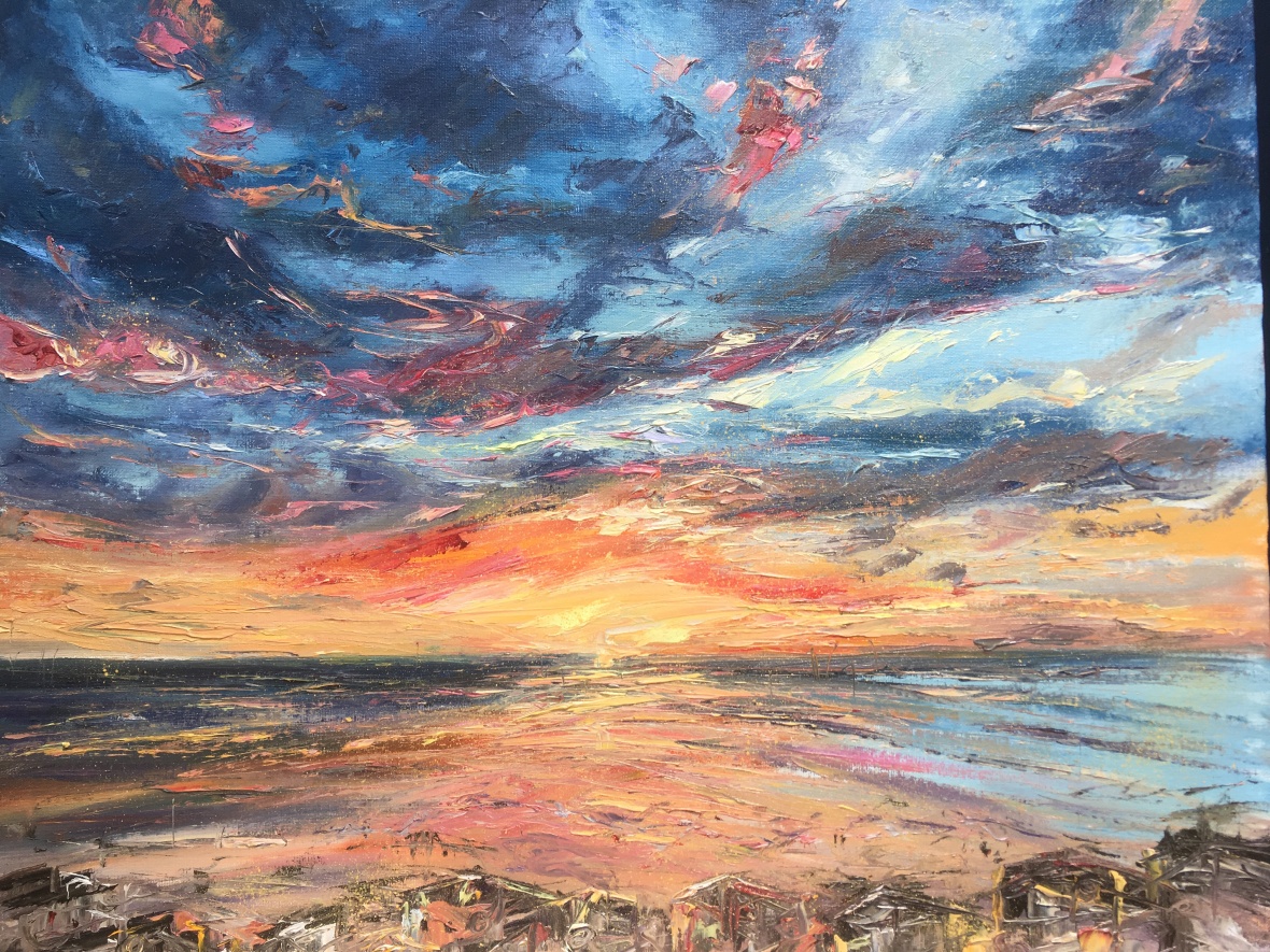 Embo beach sunrise oil painting by Anna Cumming