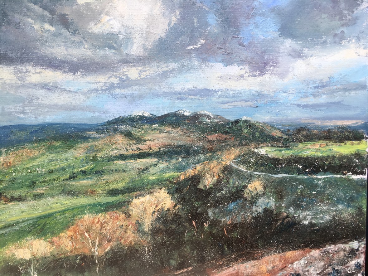 Snow dusted Malvern hills oil painting by Anna Cumming