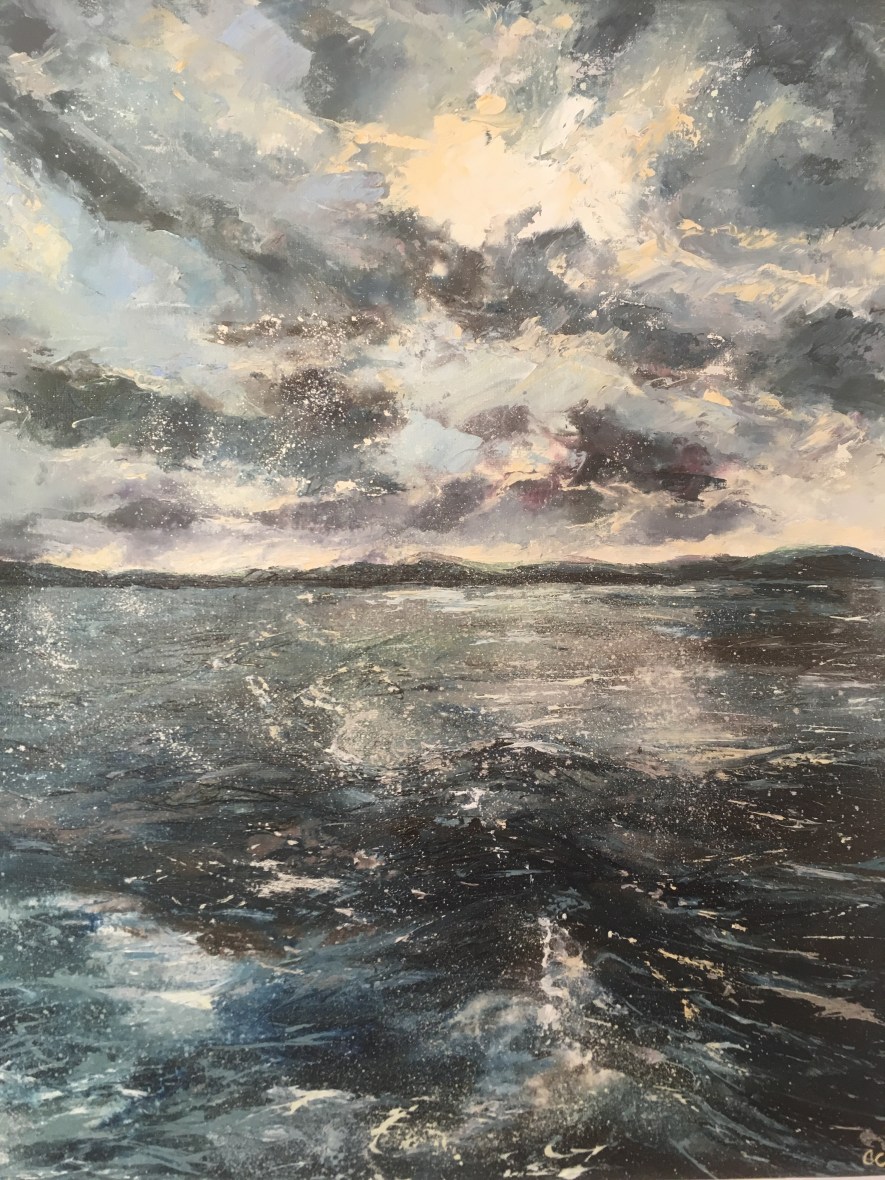 In our wake seascape looking towards Mull from Oban. Oil painting by Anna Cumming
