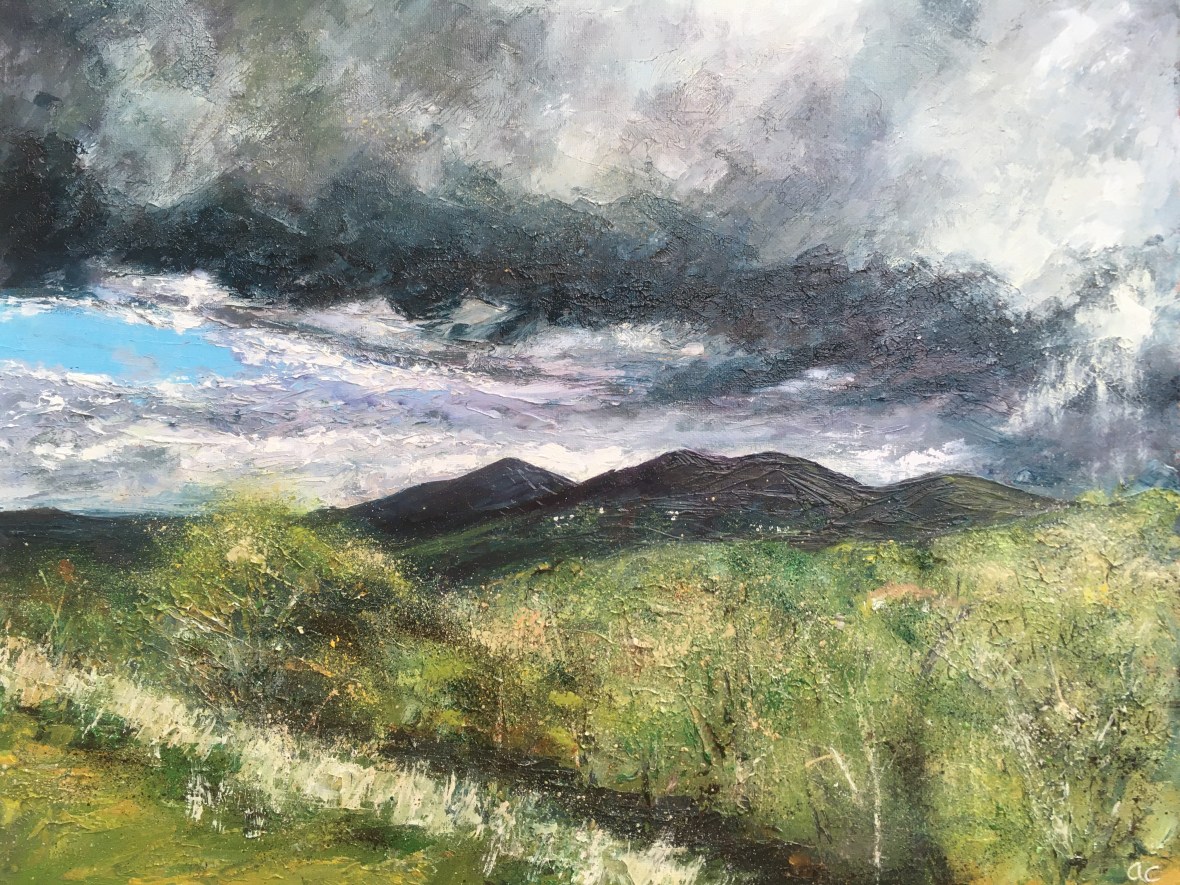 Stormy sky Malvern hills oil painting by Anna Cumming