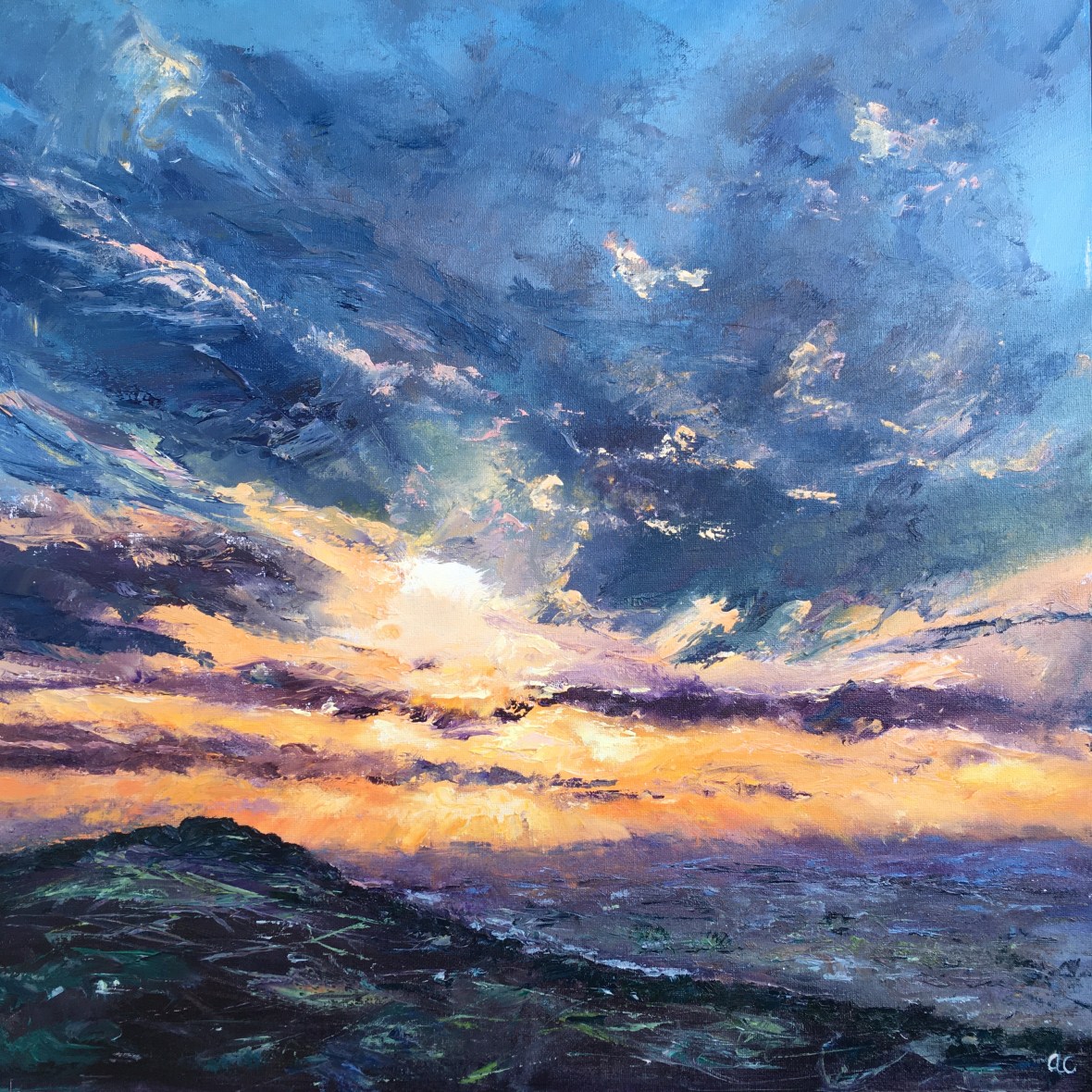 Winter sunset, British Camp Malvern hills oil painting by Anna Cummimg