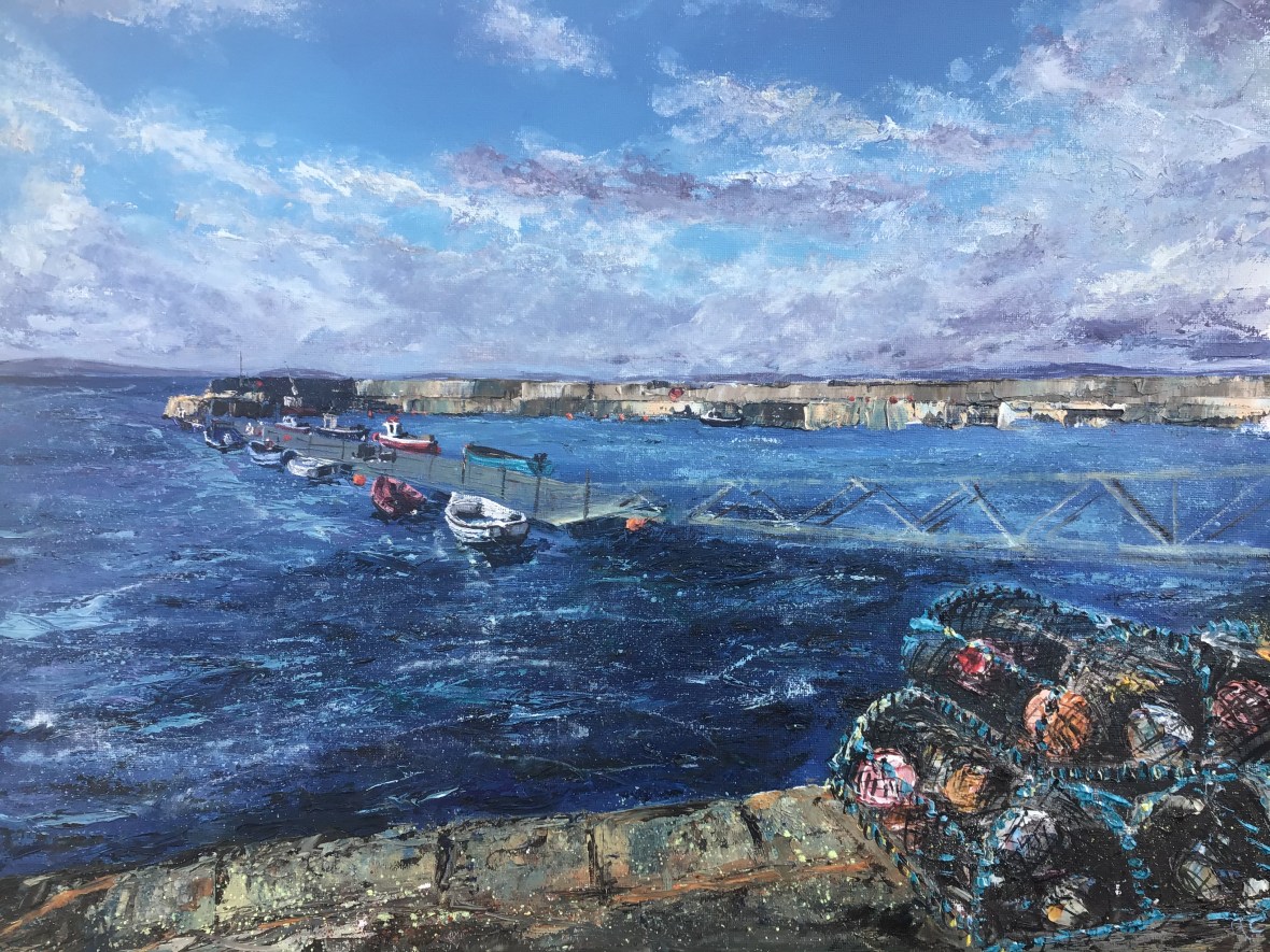 Lobster pots, Portmahomack. Oil painting by contemporary artist Anna Cummimg