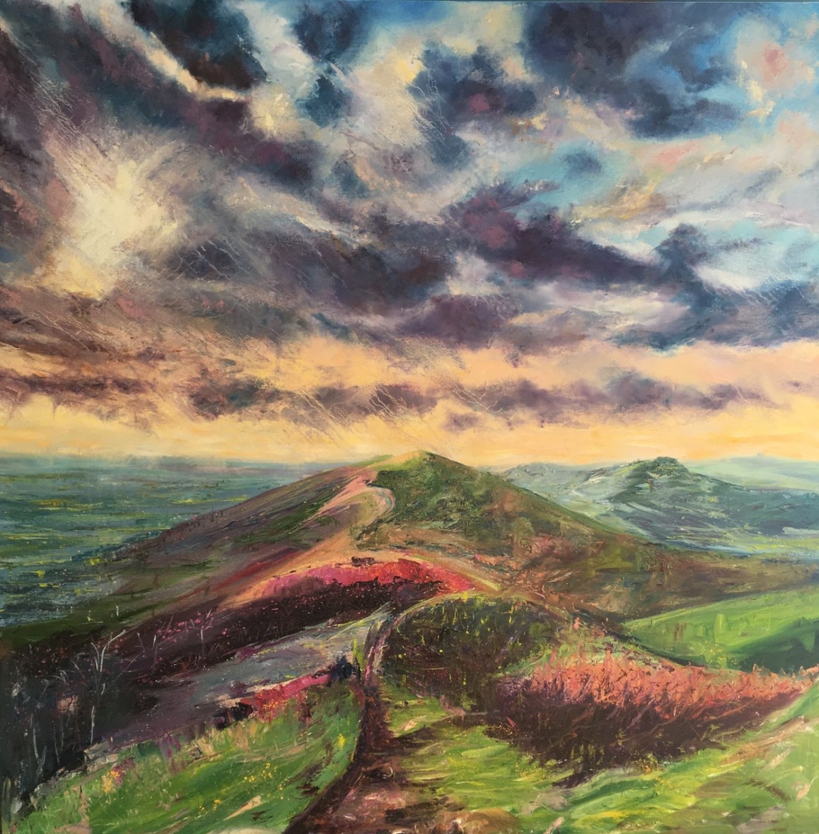 Four seasons in one day, Malvern hillls. 1m sq oil painting by contemporary artist Anna Cumming