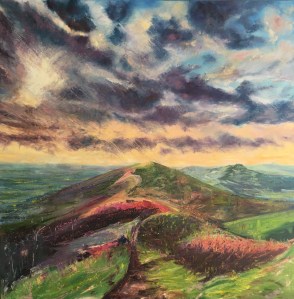 Four seasons in one day, Malvern hillls. 1m sq oil painting by contemporary artist Anna Cumming
