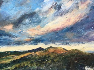 January skies, Malvern hills viewed from British Camp. Oil painting by contemporary artist Anna Cumming