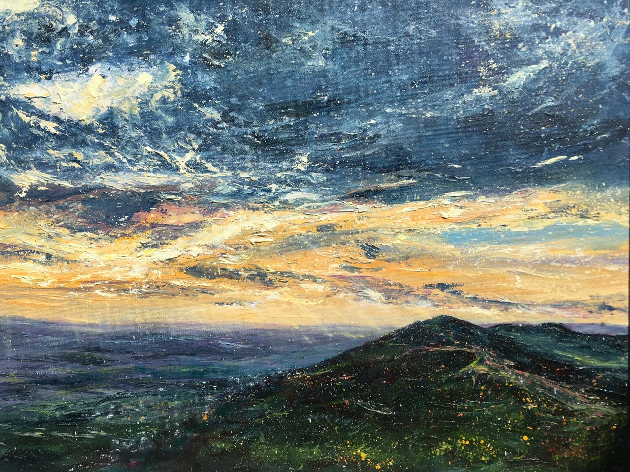 Malvern hills autumn sunrise. Original oil painting by Anna Cummimg