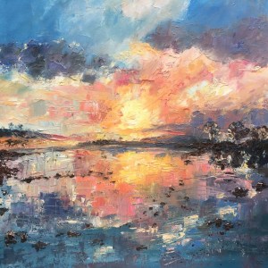 “Keeping faith”, an expressive oil painting by a Anna Cumming, of a beautiful sunset reflected in water. Based on Loch Rannoch.