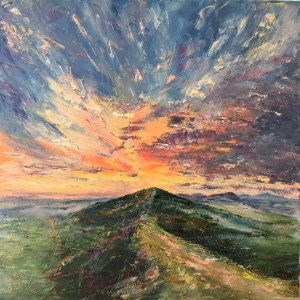 Firecracker sunset, Malverns. Oil painting by Anna Cumming