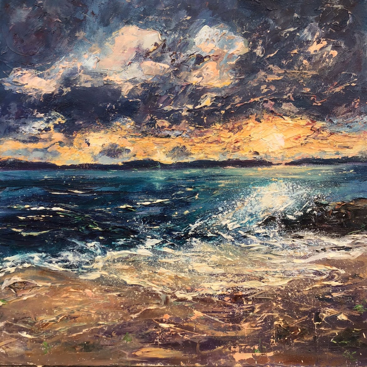 Winter sunrise Porthgwidden, oil painting by Anna Cumming