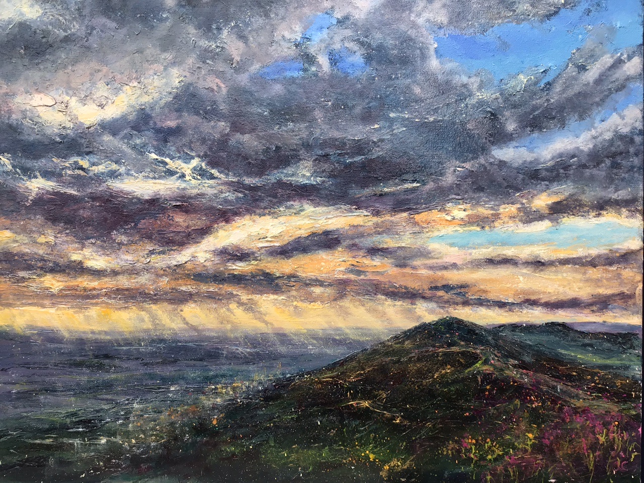 Dawn, Worcestershire Beacon, oil painting by Anna Cumming 