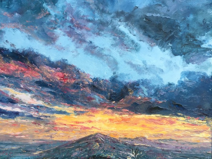 Malverns lockdown sunset, oil painting by Anna Cumming