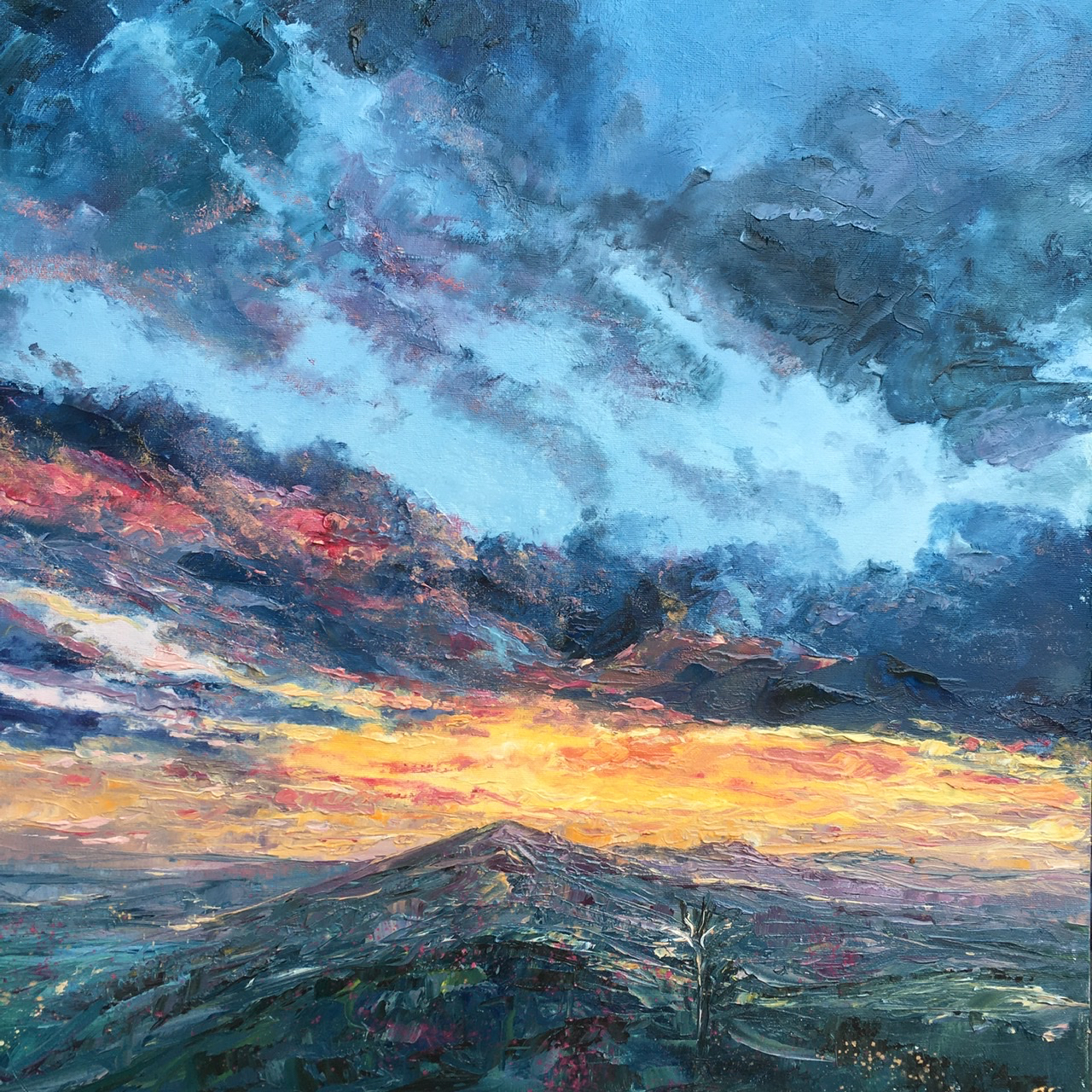 Malverns lockdown sunset, oil painting by Anna Cumming