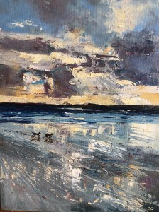 Dogs on the beach, oil painting by Anna Cumming